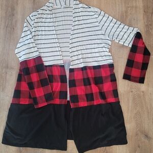 Striped and Plaid Open Long Cardigan